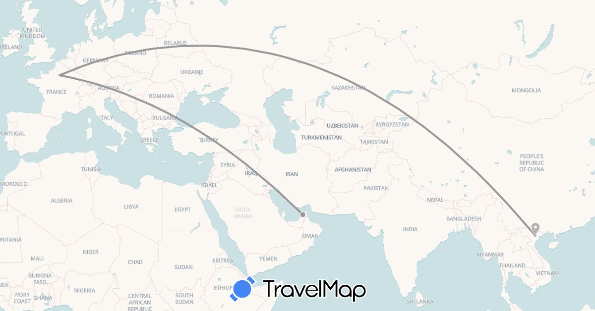 TravelMap itinerary: driving, plane in France, Qatar, Vietnam (Asia, Europe)